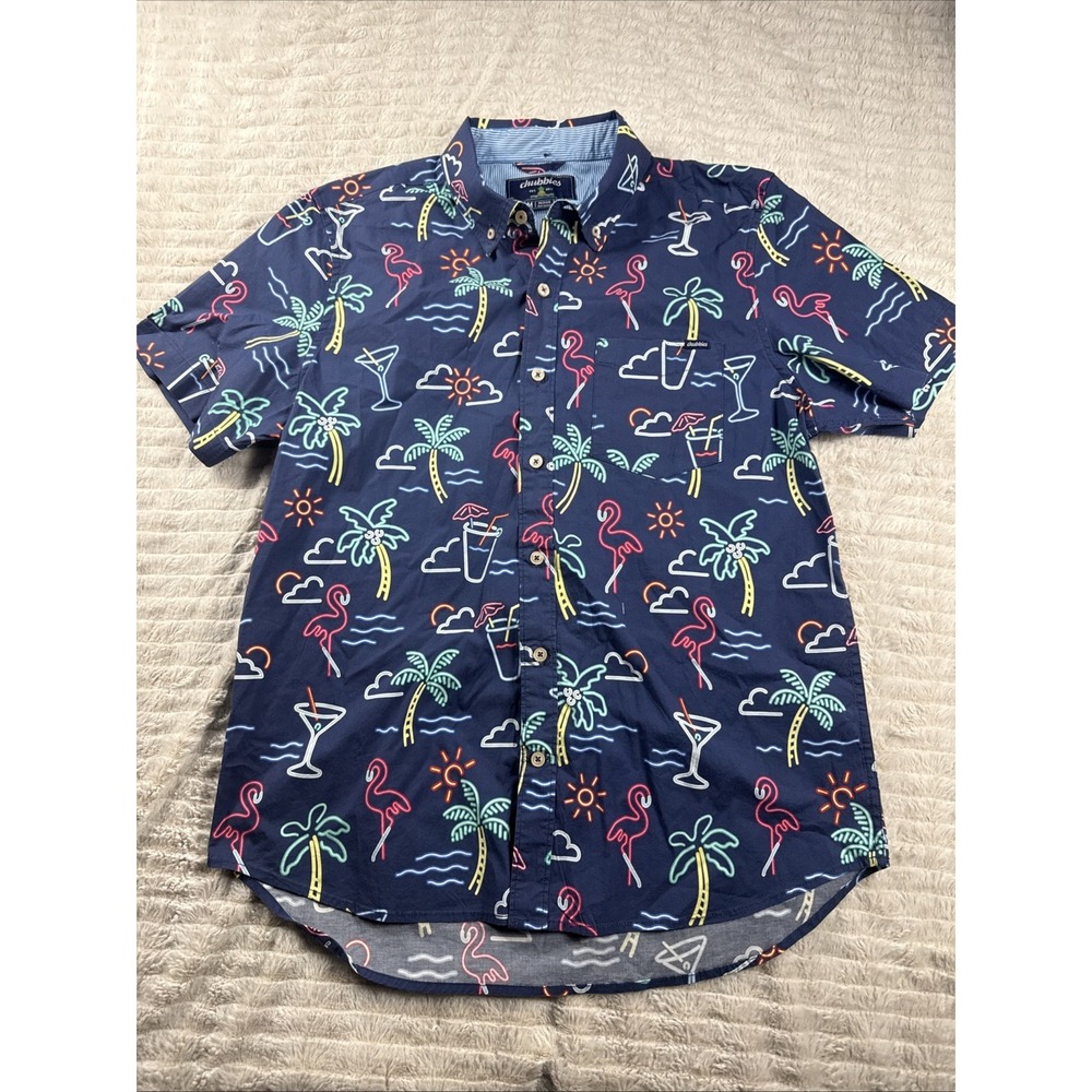 Chubbies Neon Lights Button Down Shirt Mens Medium Hawaiian Flamingo Blue NWOT